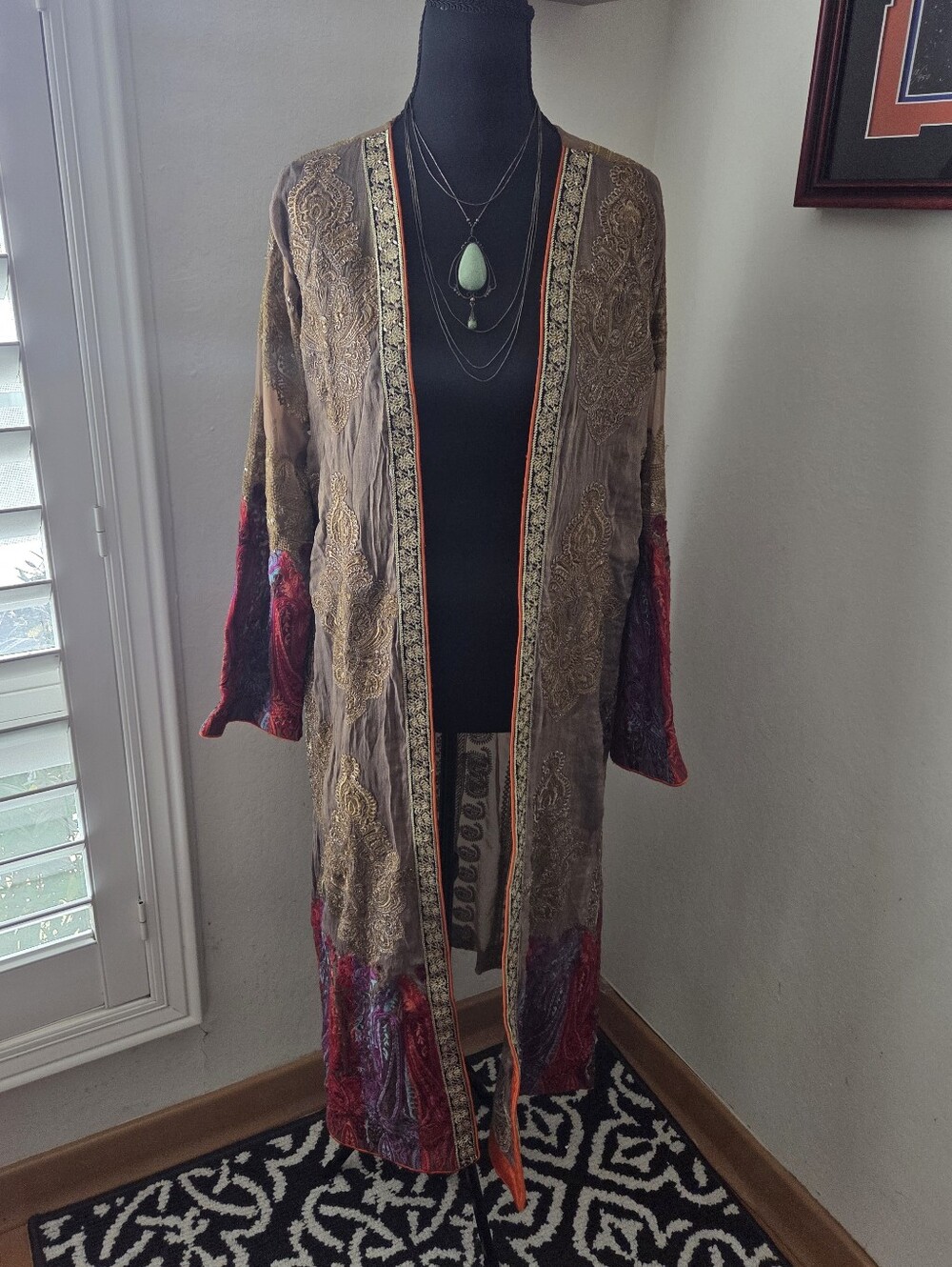 Silk Embroidered Long Open-Front Robe Bohemian Hippie Traditional Ceremomial SM